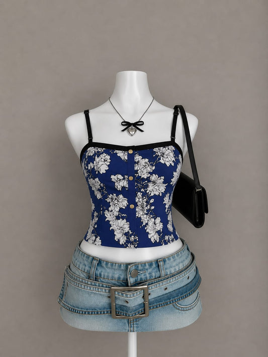 Navy Blue Floral Print Snap Button Cami Crop Top