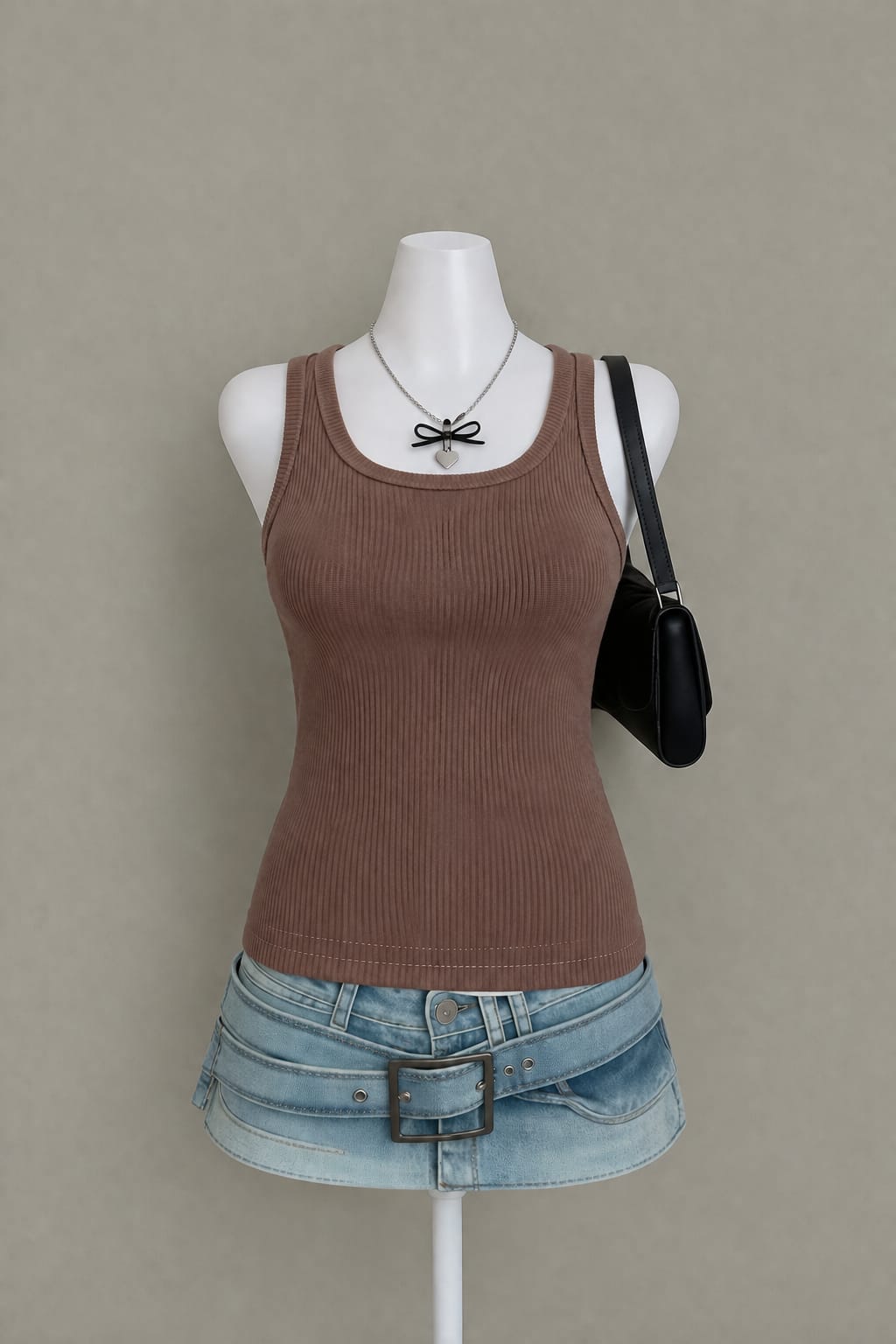 Chocolate Brown Ribbed Scoop Neck Tank Top