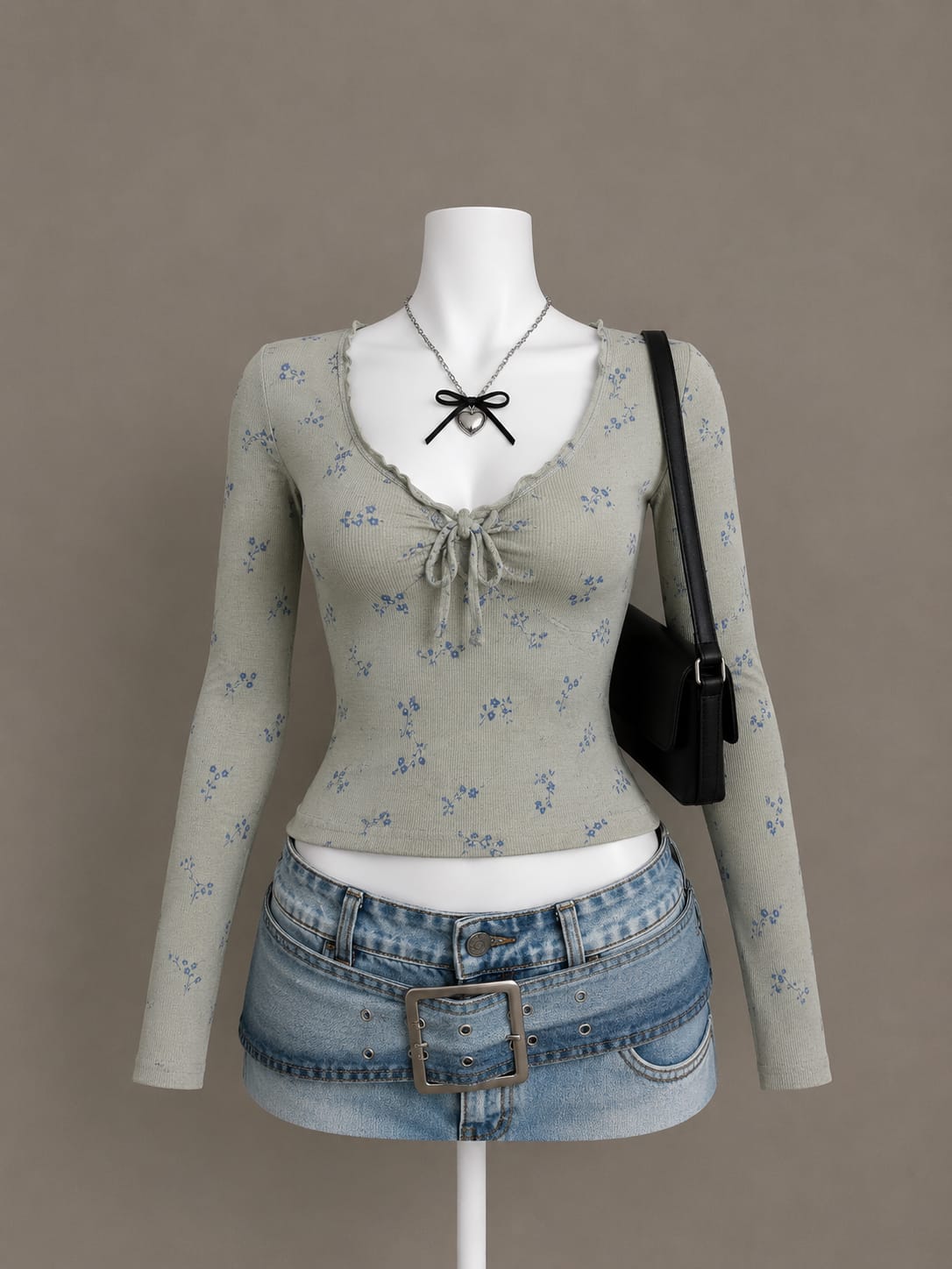 Sage Green Floral Tie-Front Crop Top