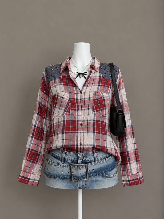 Red White Plaid Studded Shoulder Shirt