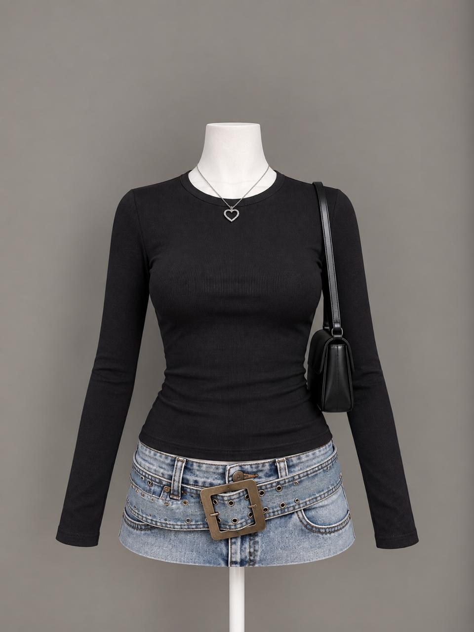 Black Crewneck Long Sleeve Top