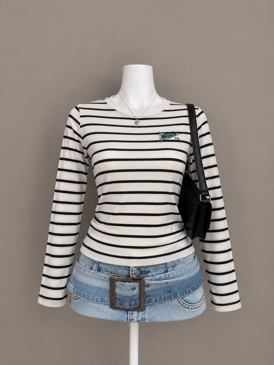White Black Striped Long Sleeve Top