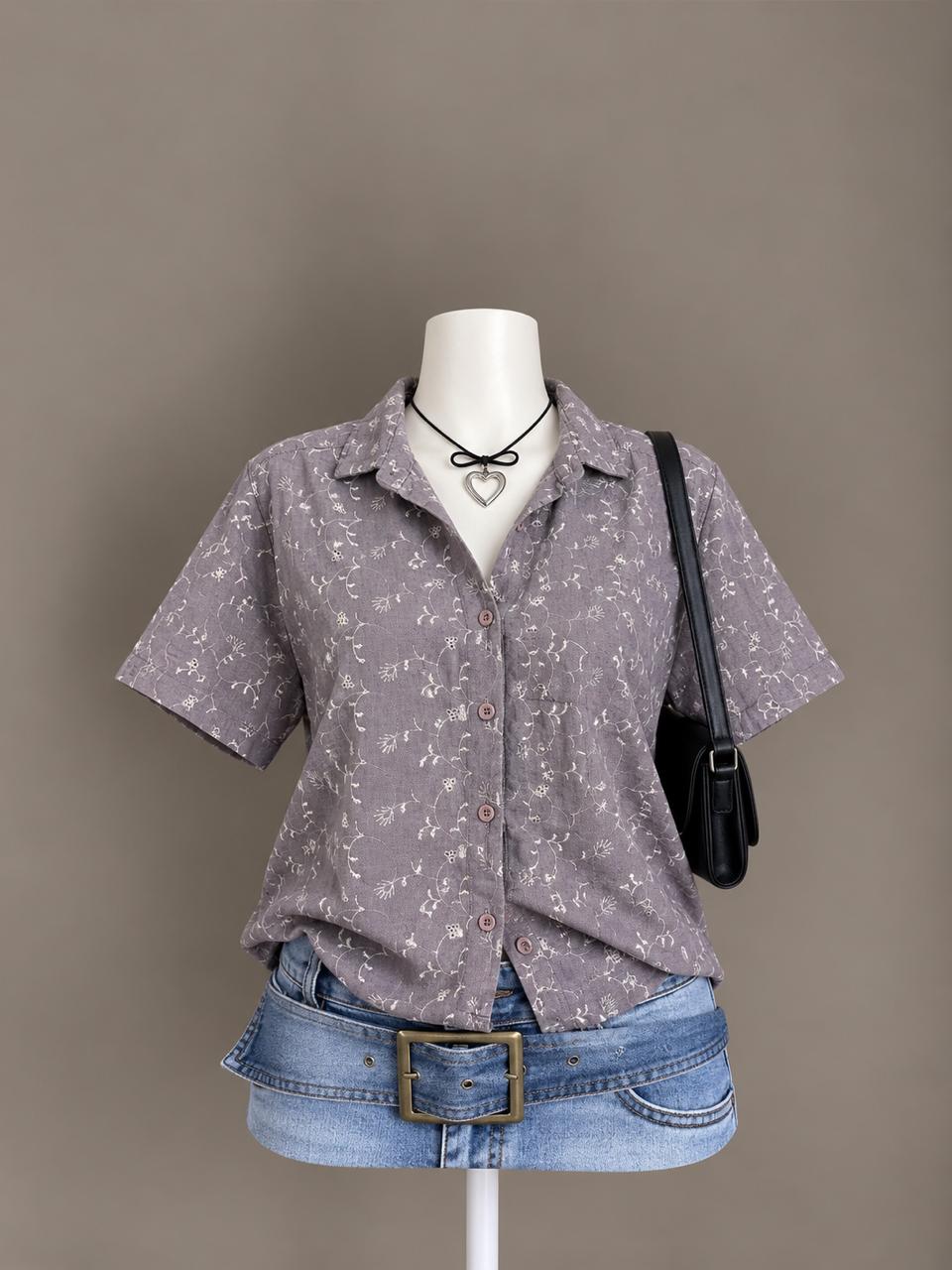 Gray Floral Button-Up Top