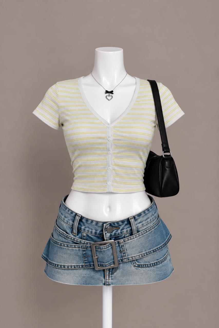 White Yellow Striped Button-Up Top