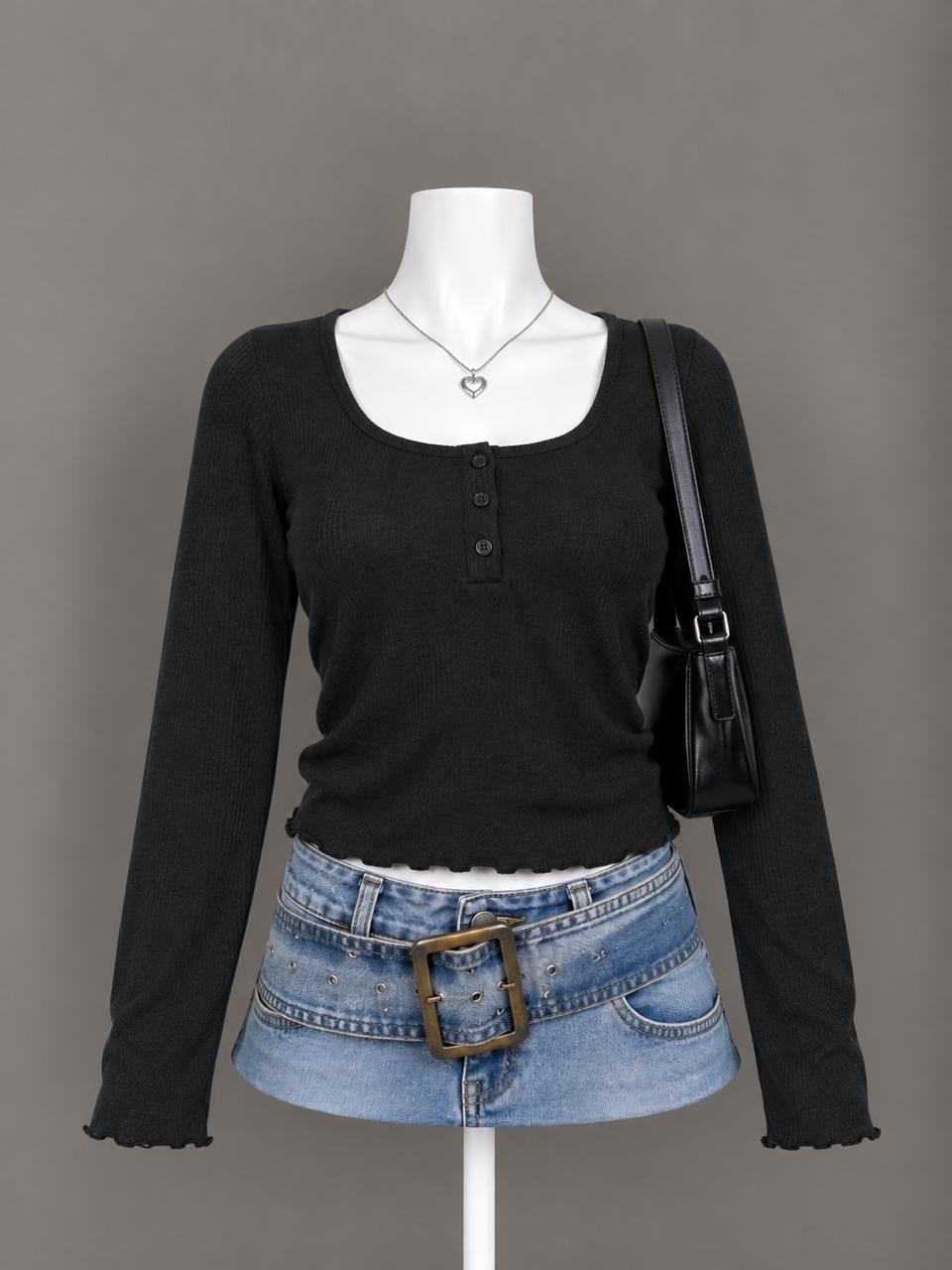 Black Buttoned Long Sleeve Top