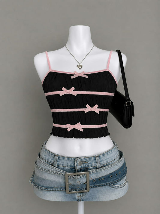 Black bow-trim cami crop top