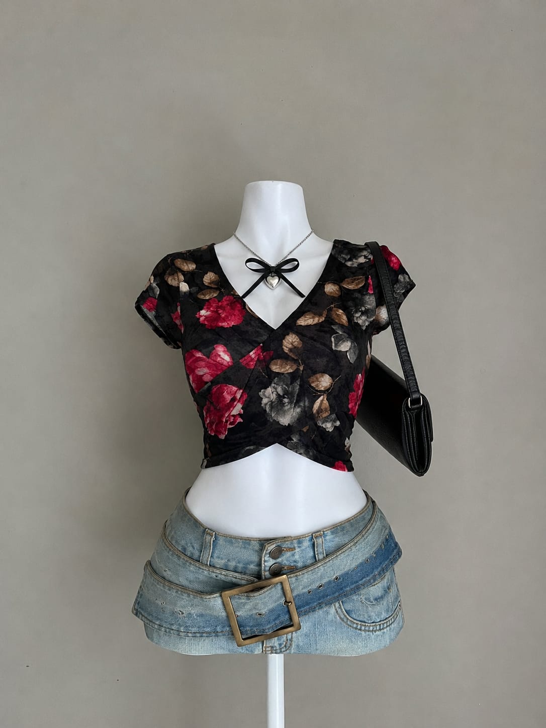 Black floral wrap crop top