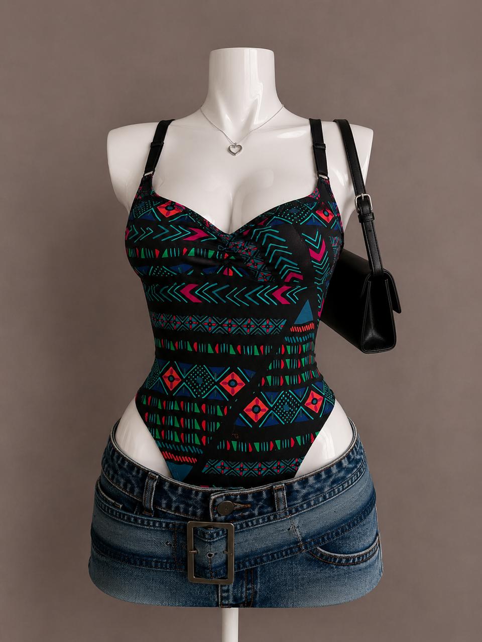 Black Multicolor Bodysuit