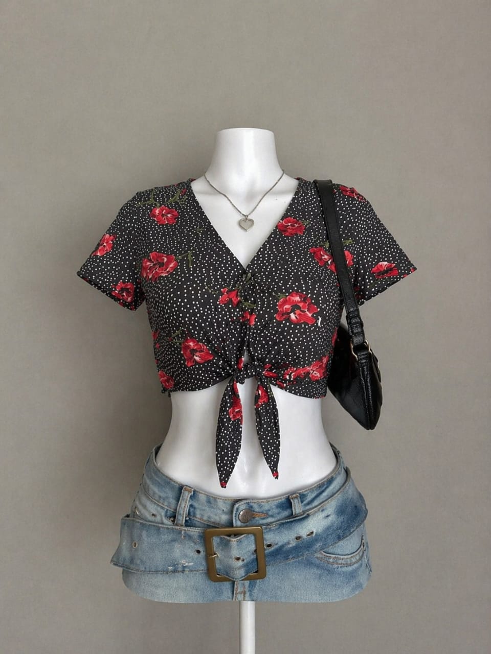 Black red floral tie front crop top on mannequin