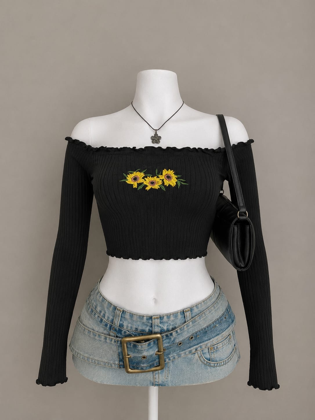 Black sunflower off-shoulder crop top
