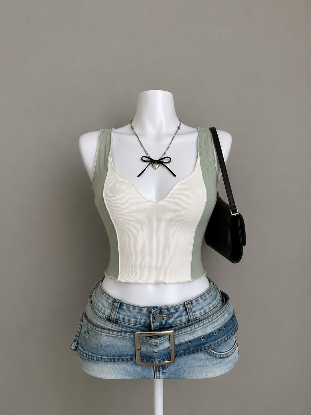 Cream color-block tank top