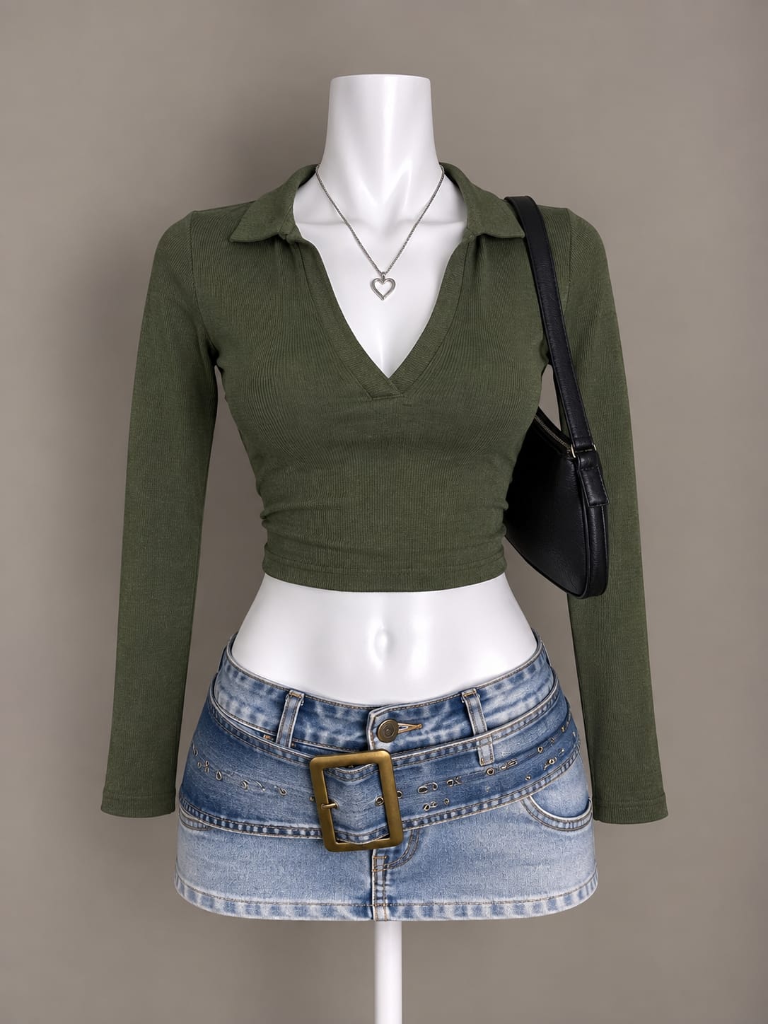 Olive Green Collared Crop Top