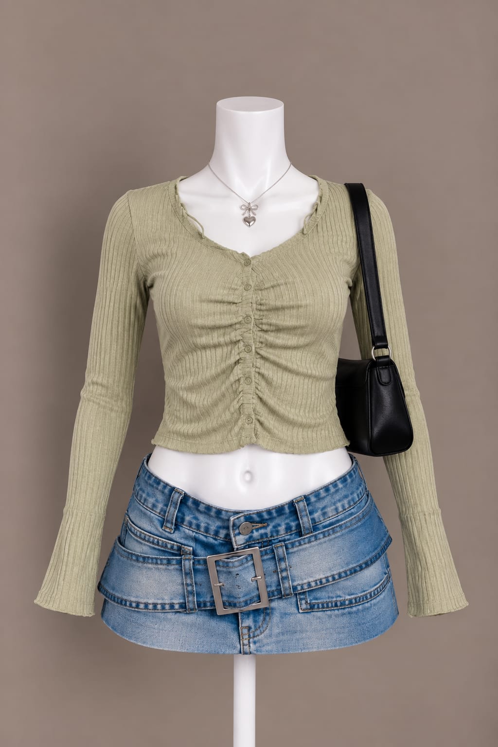 Light Olive Button-Up Crop Top