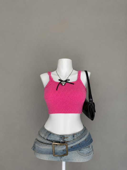 Hot pink textured sleeveless square neck crop top