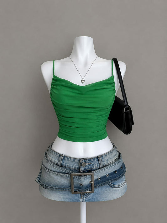 Green ruched cowl-neck cami top