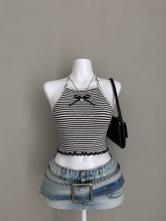 Black striped halter crop top
