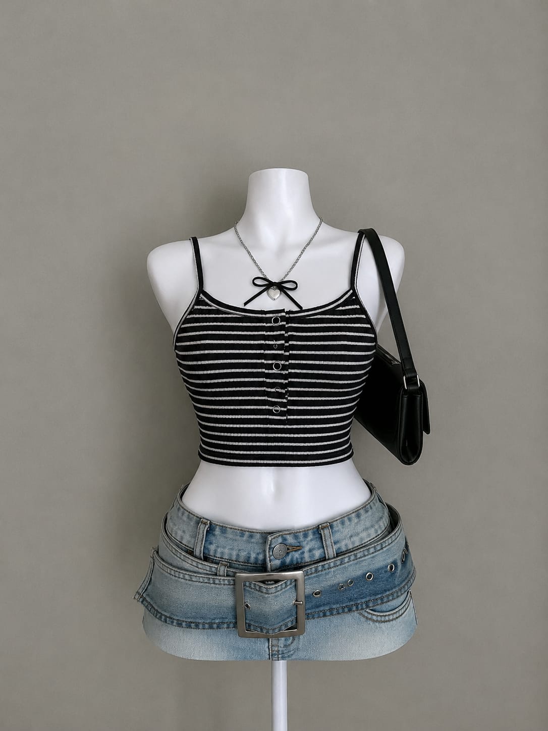Black striped button-front crop top