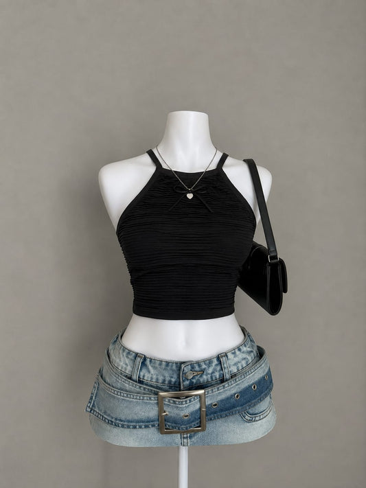 Black ruched halter crop top