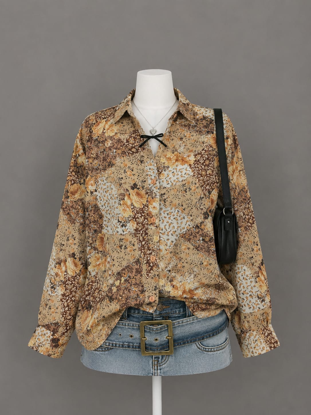 Brown floral print long-sleeve shirt