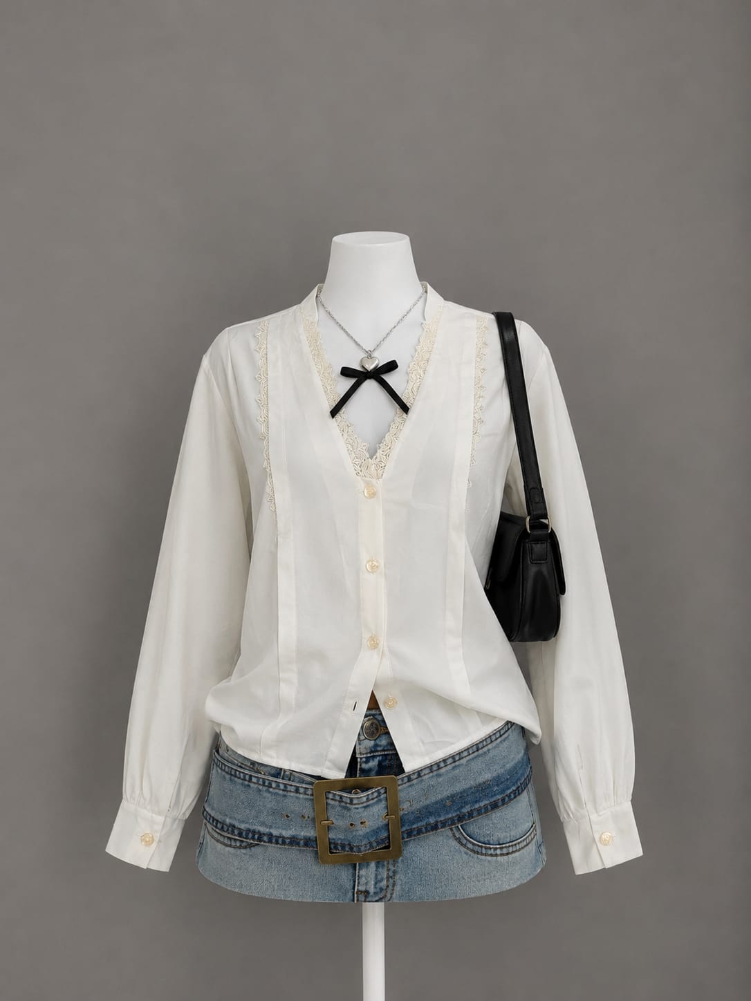 Cream lace-trim button blouse
