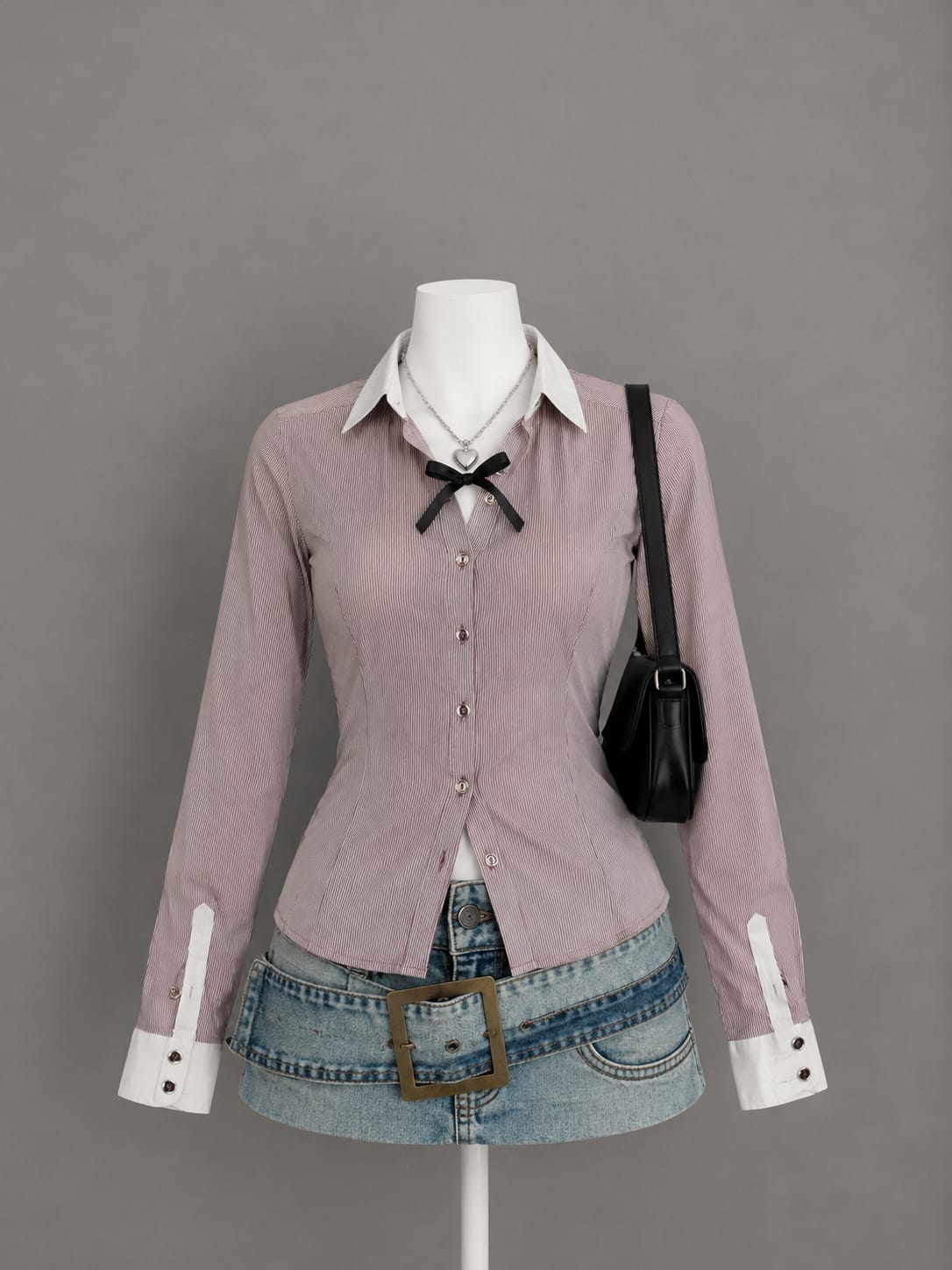 Burgundy striped contrast-collar shirt