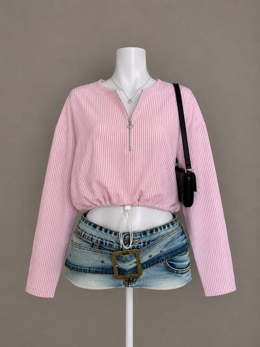 Pink Striped Zip Drawstring Crop Top