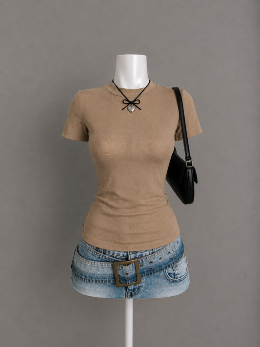 Taupe Ribbed Fitted T-Shirt