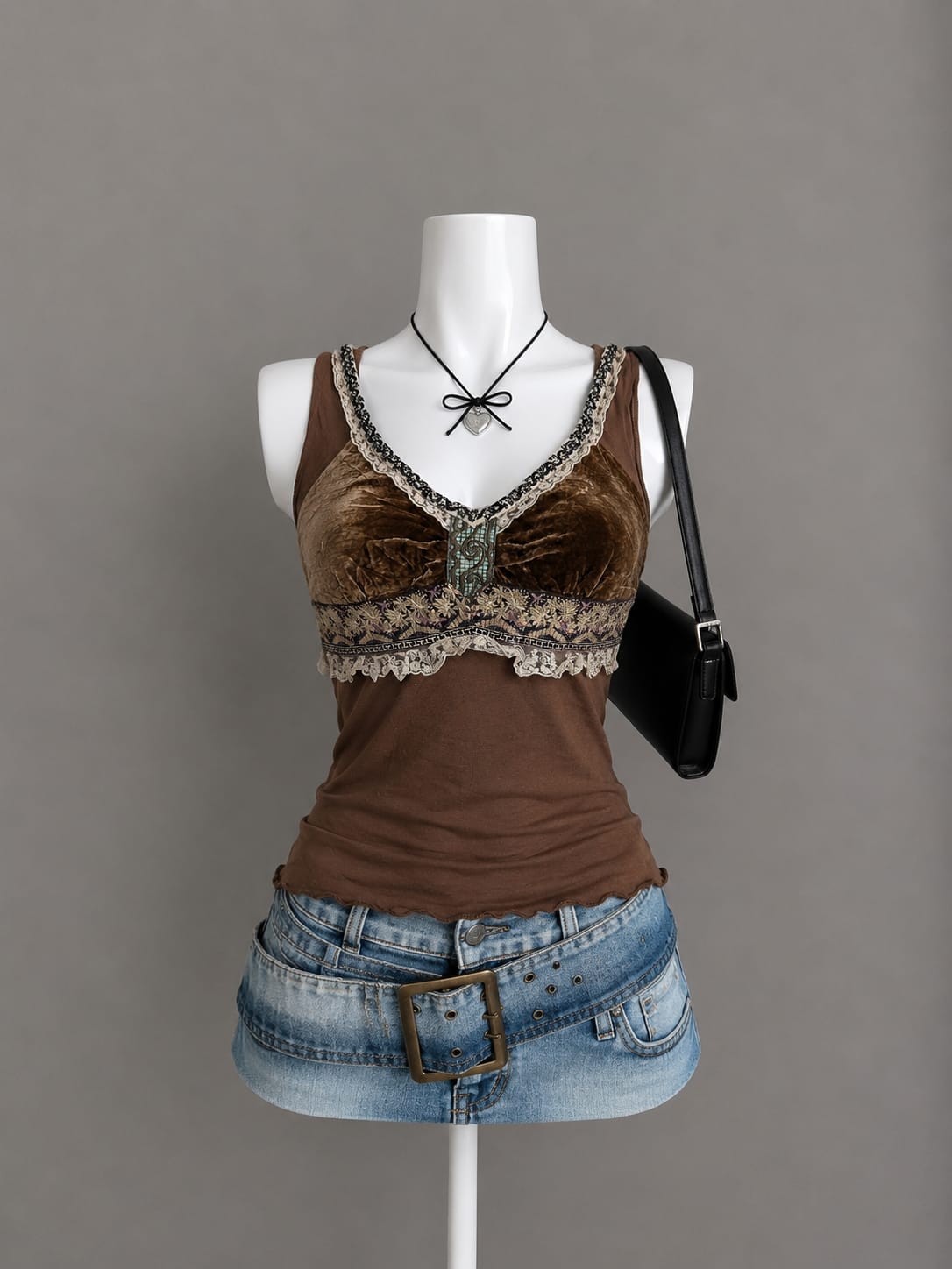 Brown Velvet Lace-Trim Tank Top