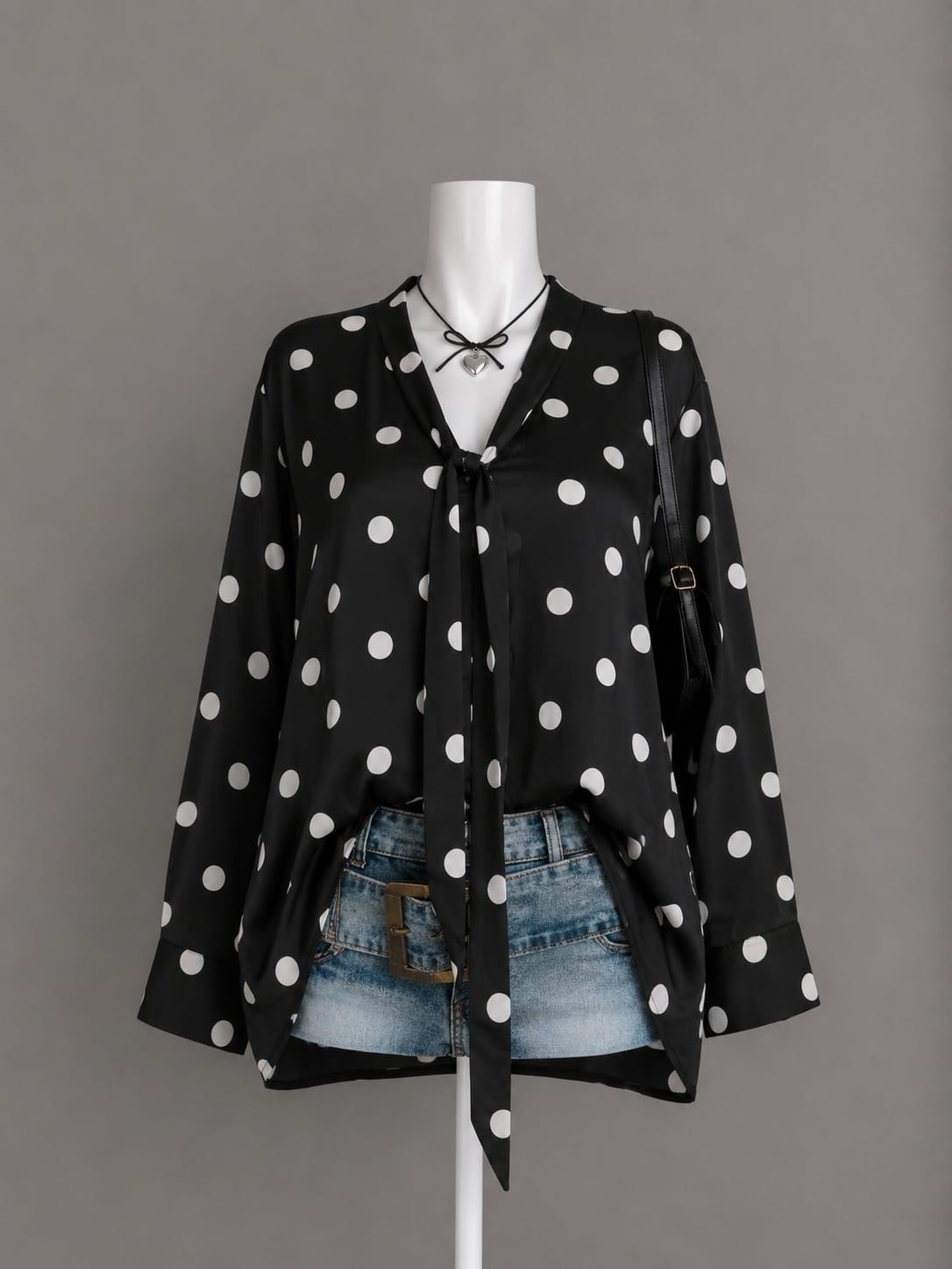Black Polka-Dot Tie-Neck Blouse