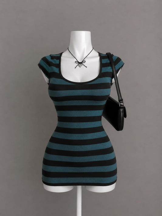 Teal Striped Fitted Mini Dress
