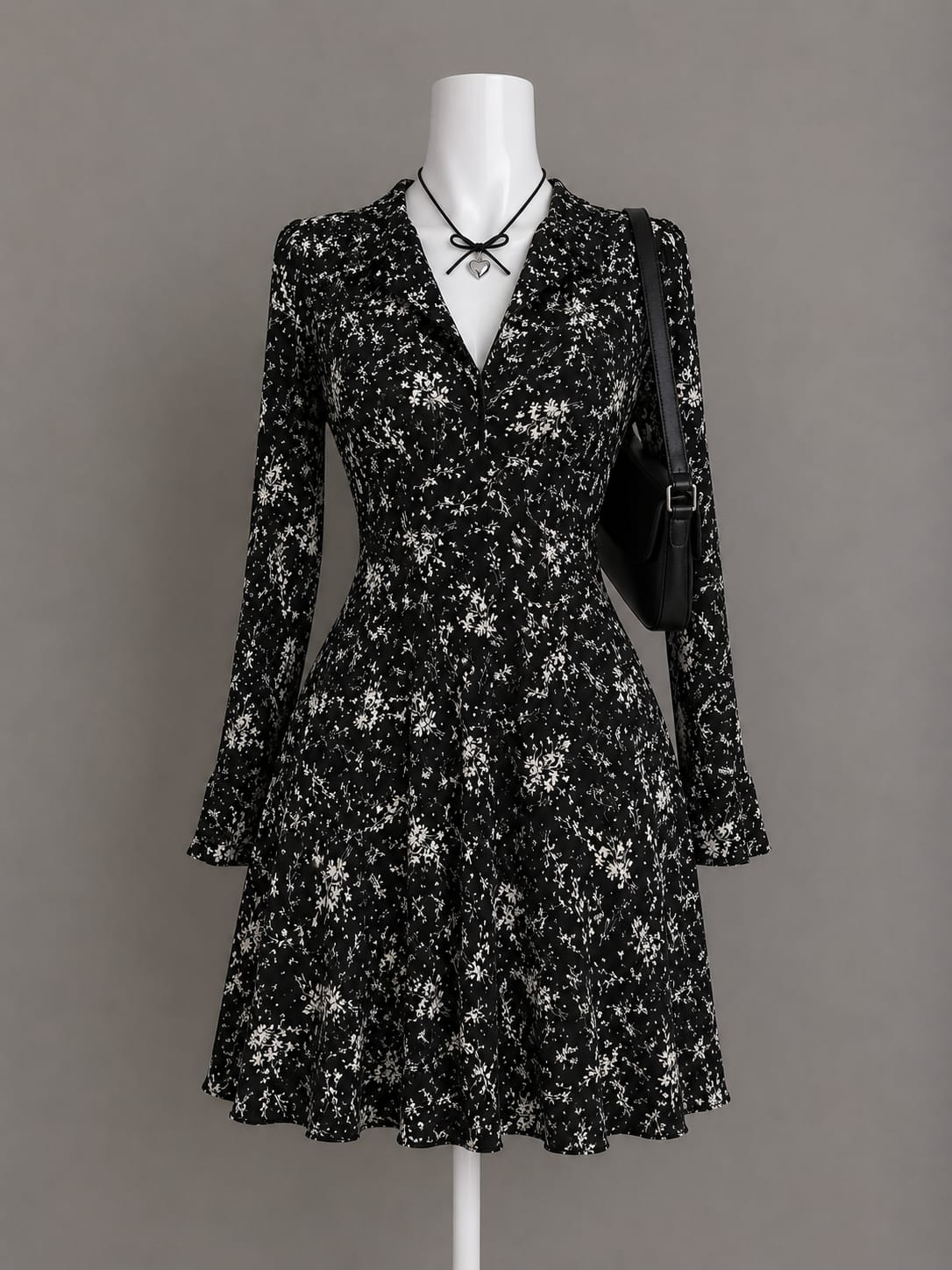 Black Floral Long-Sleeve Dress