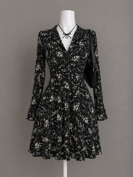 Black Floral Long-Sleeve Dress