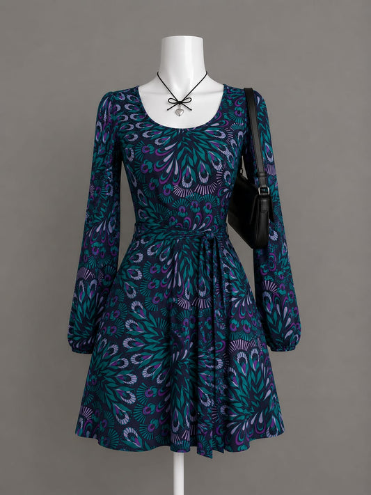 Teal Printed Belted Long-Sleeve Dress