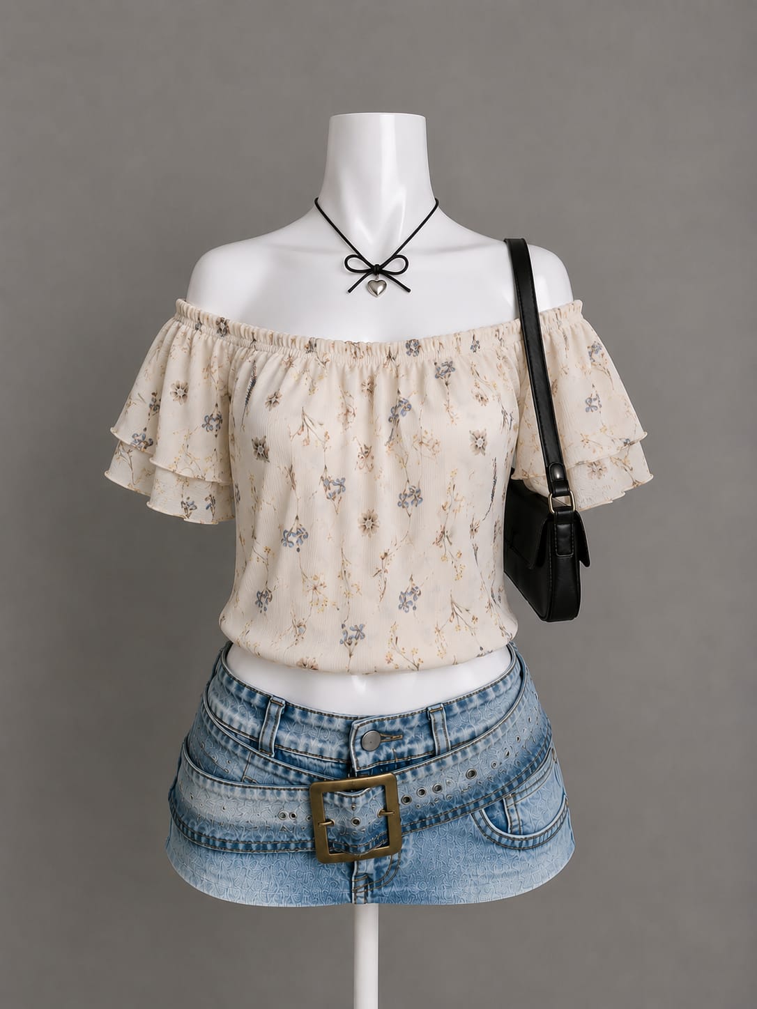 Cream Floral Ruffle Off-Shoulder Blouse