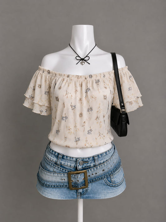 Cream Floral Ruffle Off-Shoulder Blouse