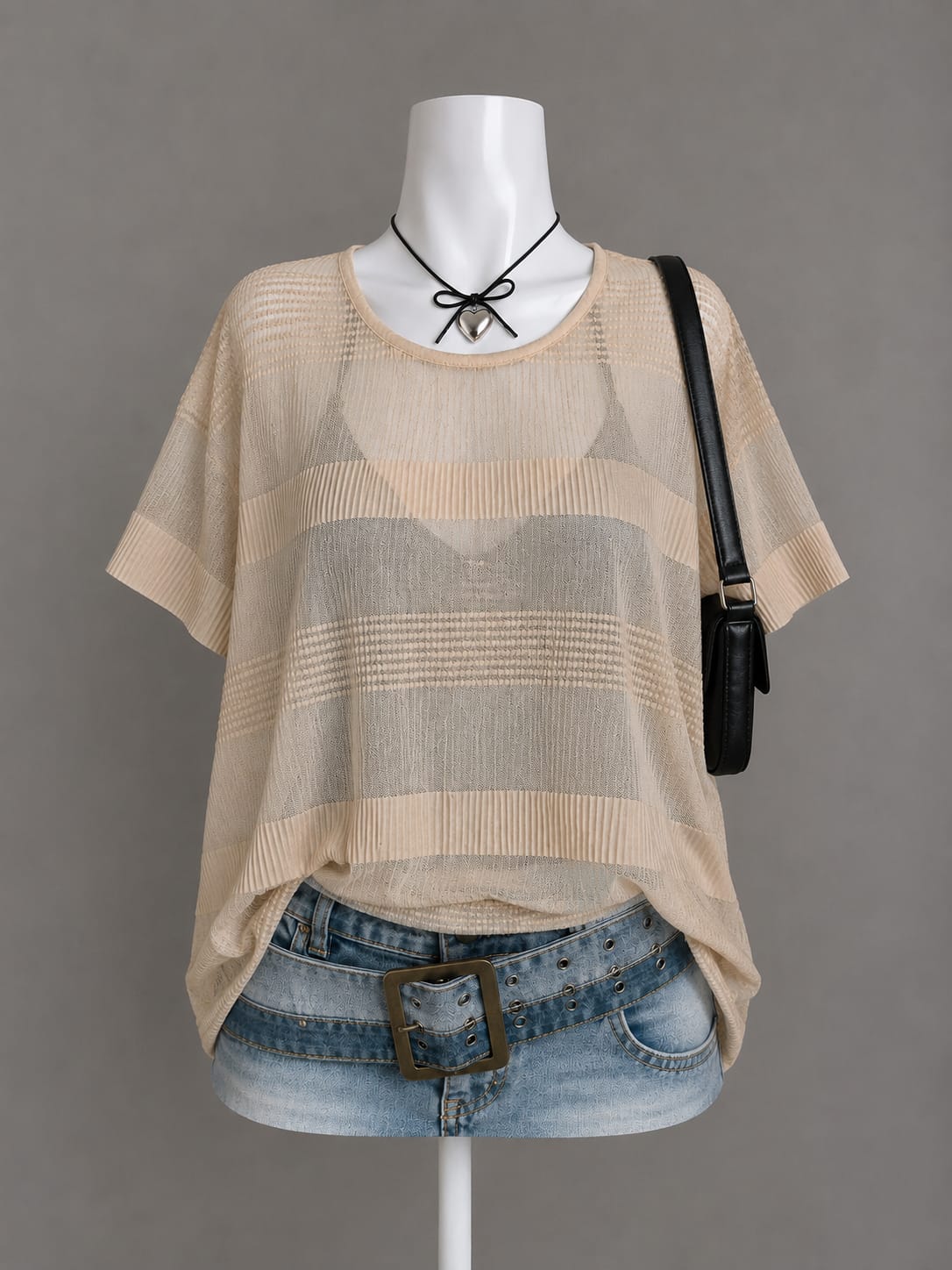Beige Sheer Striped Relaxed Blouse