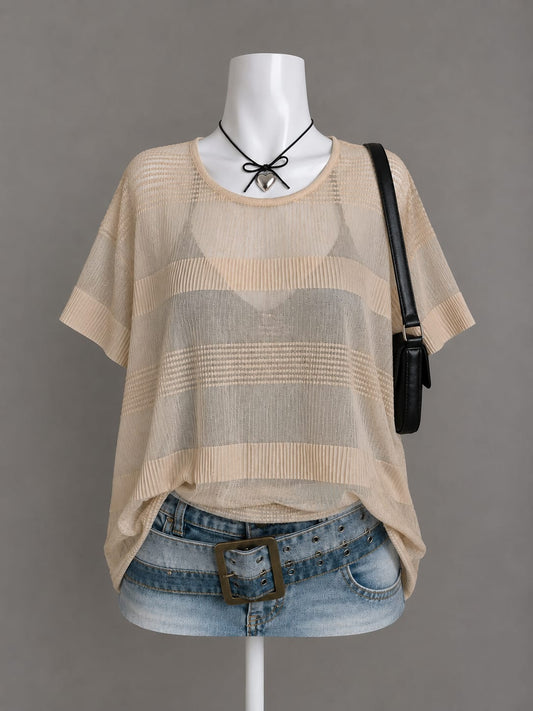 Beige Sheer Striped Relaxed Blouse
