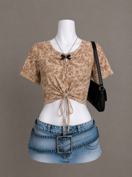 Beige printed drawstring crop top