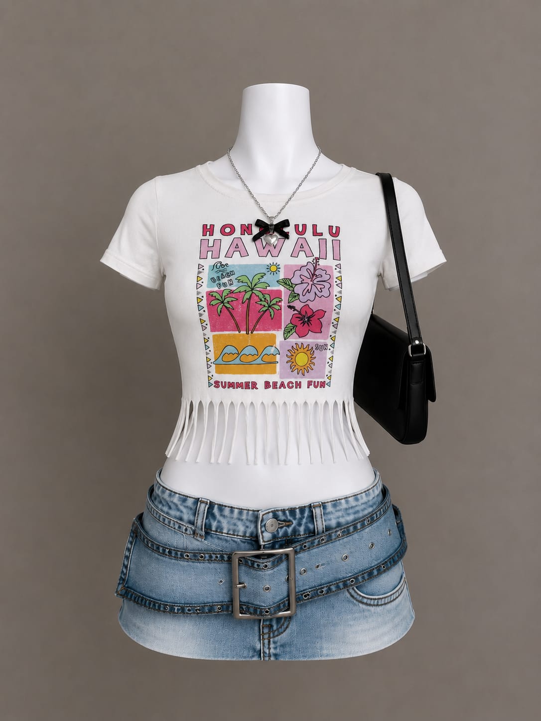 White graphic fringe crop top