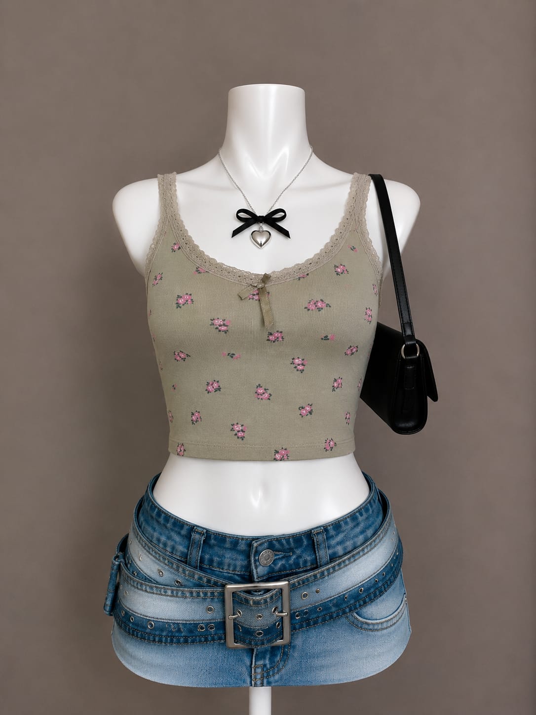 Taupe floral lace trim camisole crop top