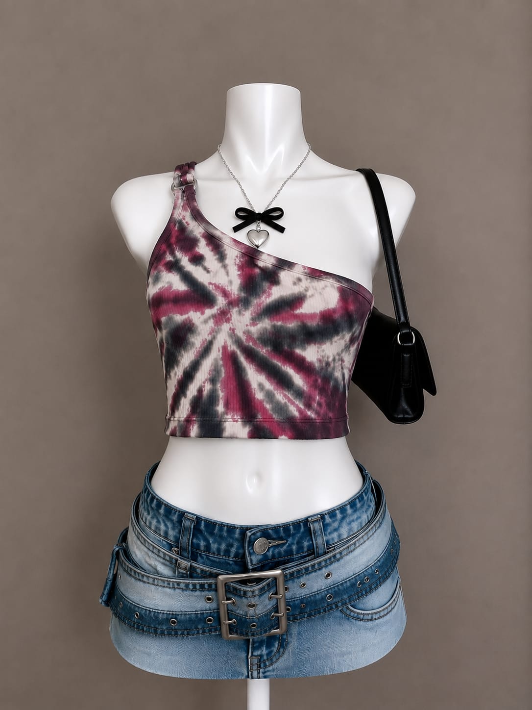 Pink black and white tie dye one shoulder crop top