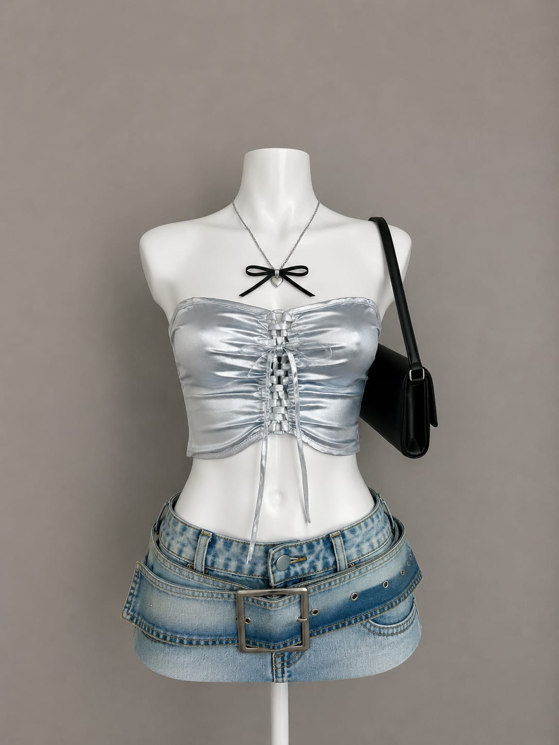 Silver lace up bandeau crop top