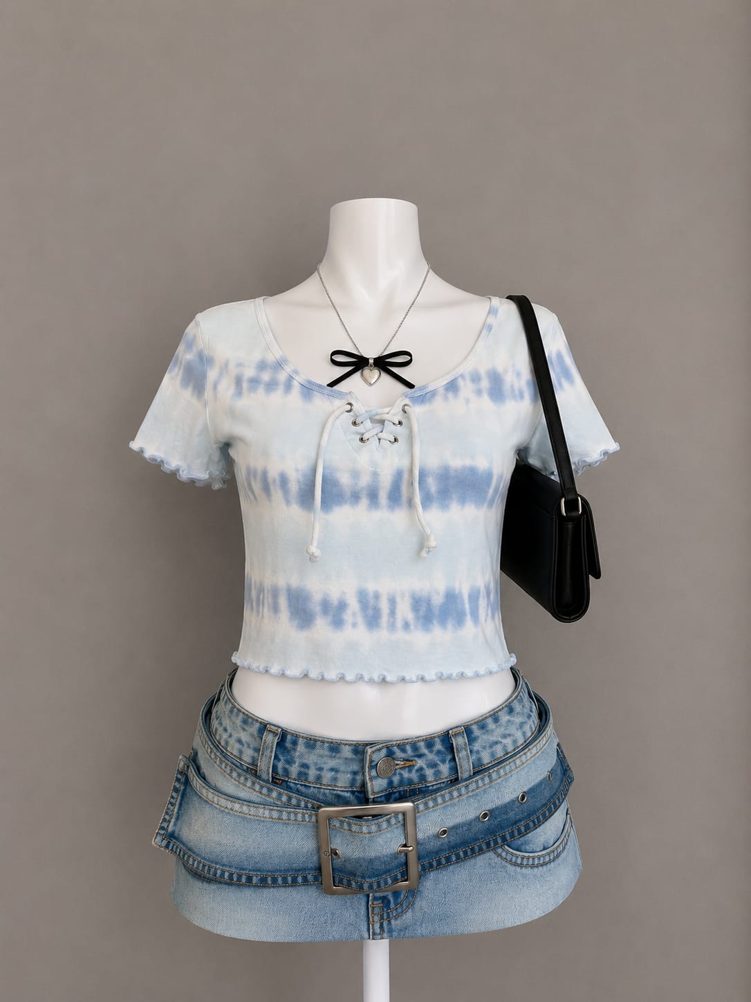 Light Blue Tie-Dye Lace-Up Crop Top