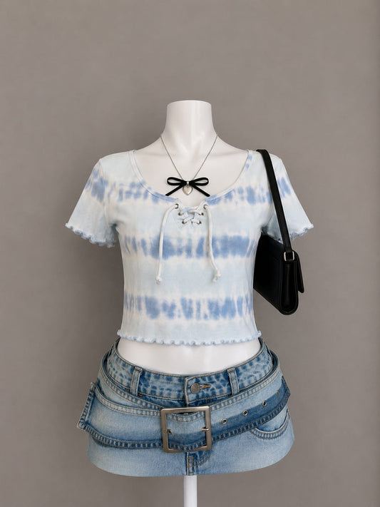 Light Blue Tie-Dye Lace-Up Crop Top