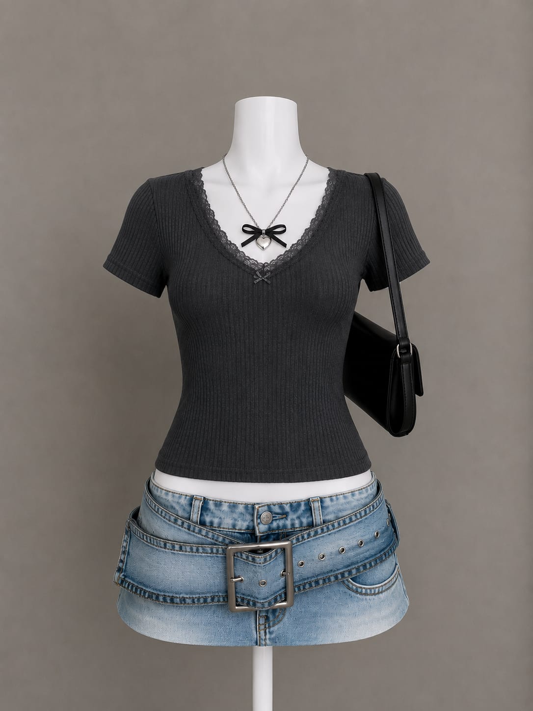 Charcoal Lace-Trim Ribbed Top