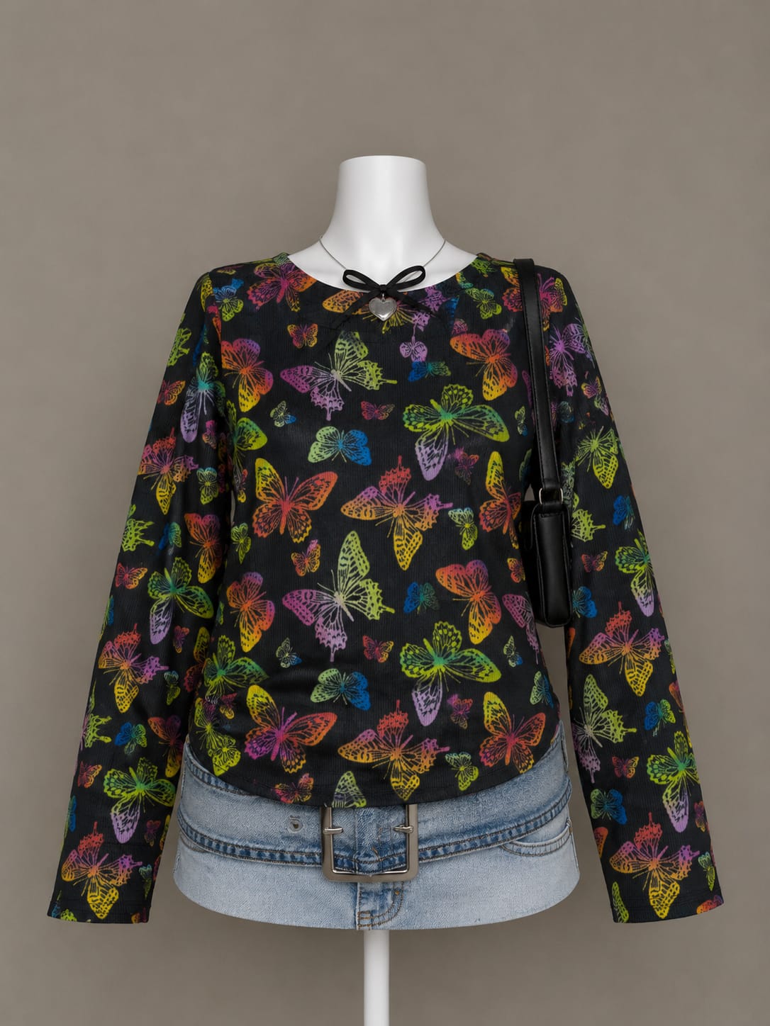 Black Butterfly Print Long Sleeve Top