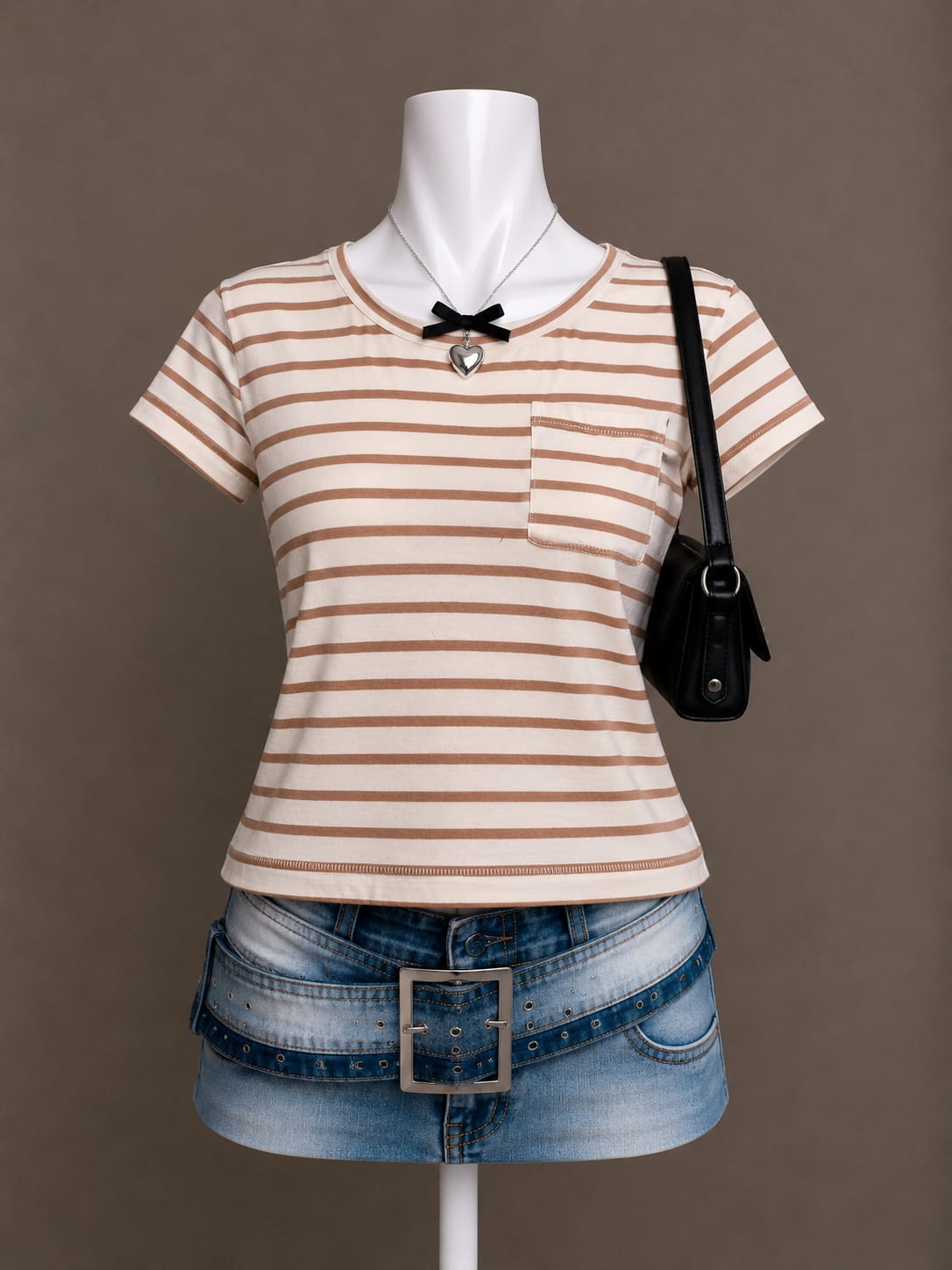 Beige Striped Pocket T-Shirt