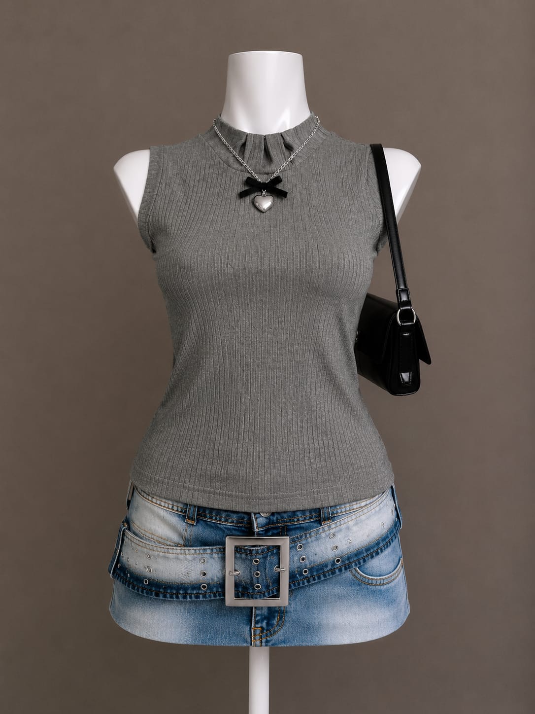 Grey Ribbed Mock-Neck Sleeveless Top