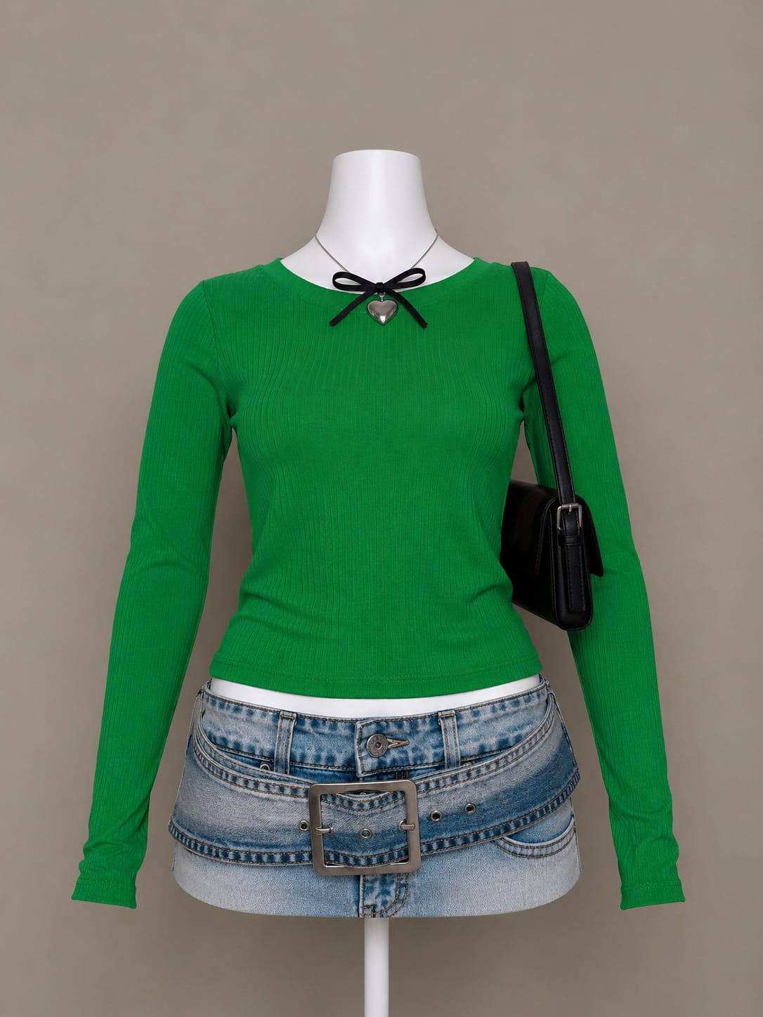 Green Ribbed Long-Sleeve Top