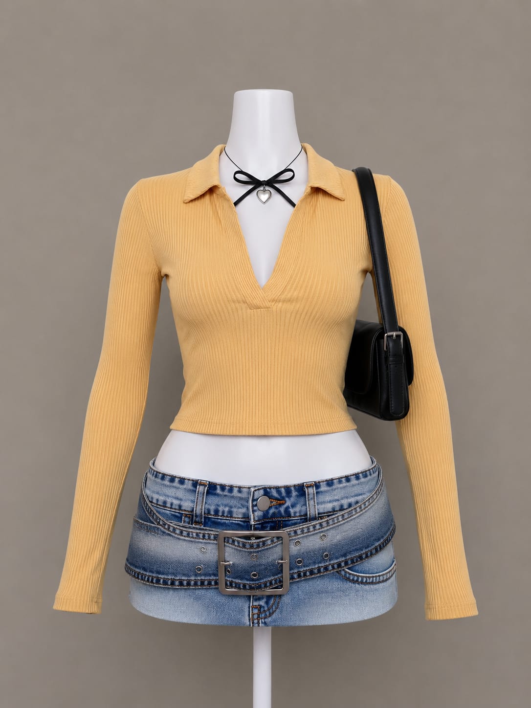 Mustard Collared Long-Sleeve Crop Top